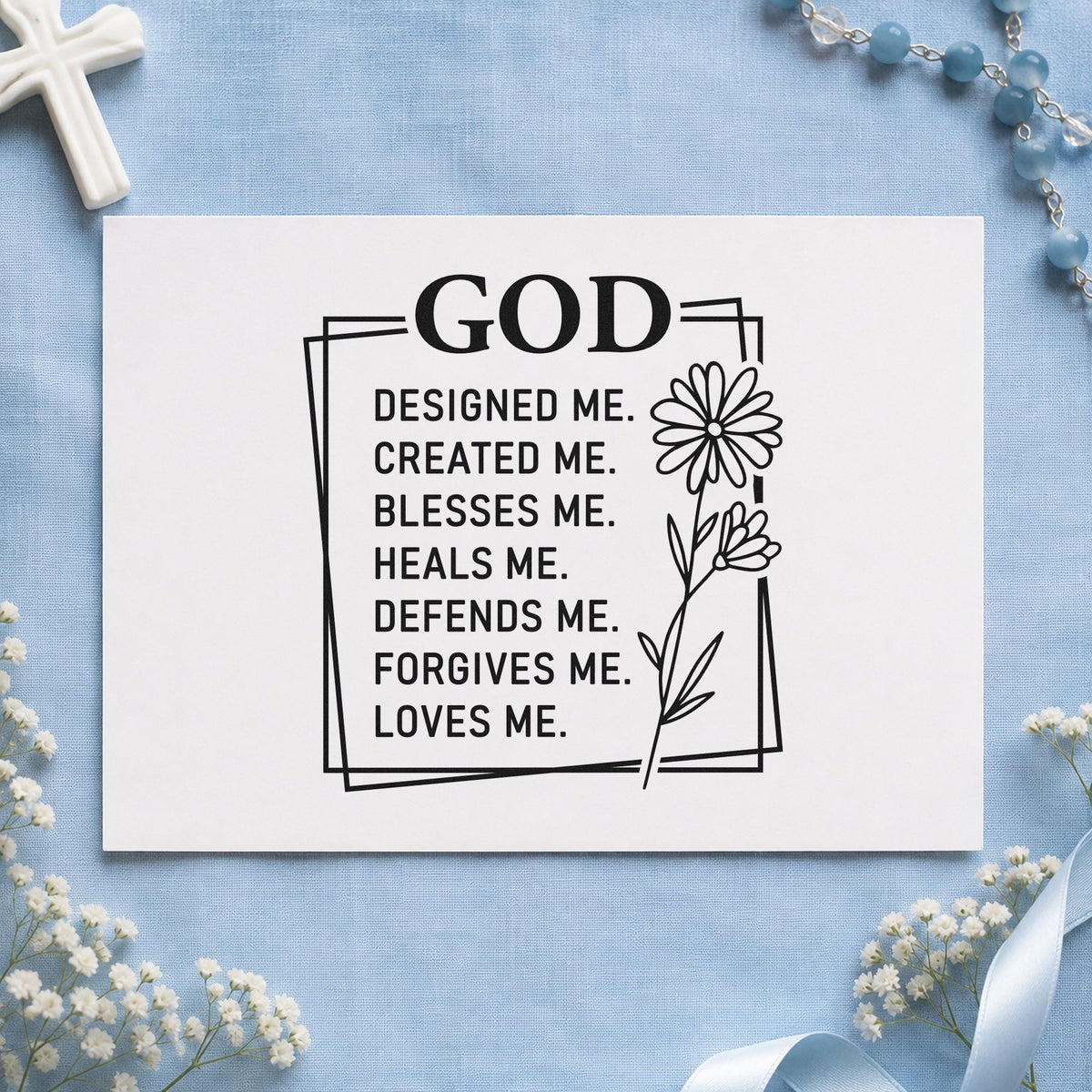 God Designed Me rubber stamp printed in black ink, ready for daisy identity cards and similar paper crafts.