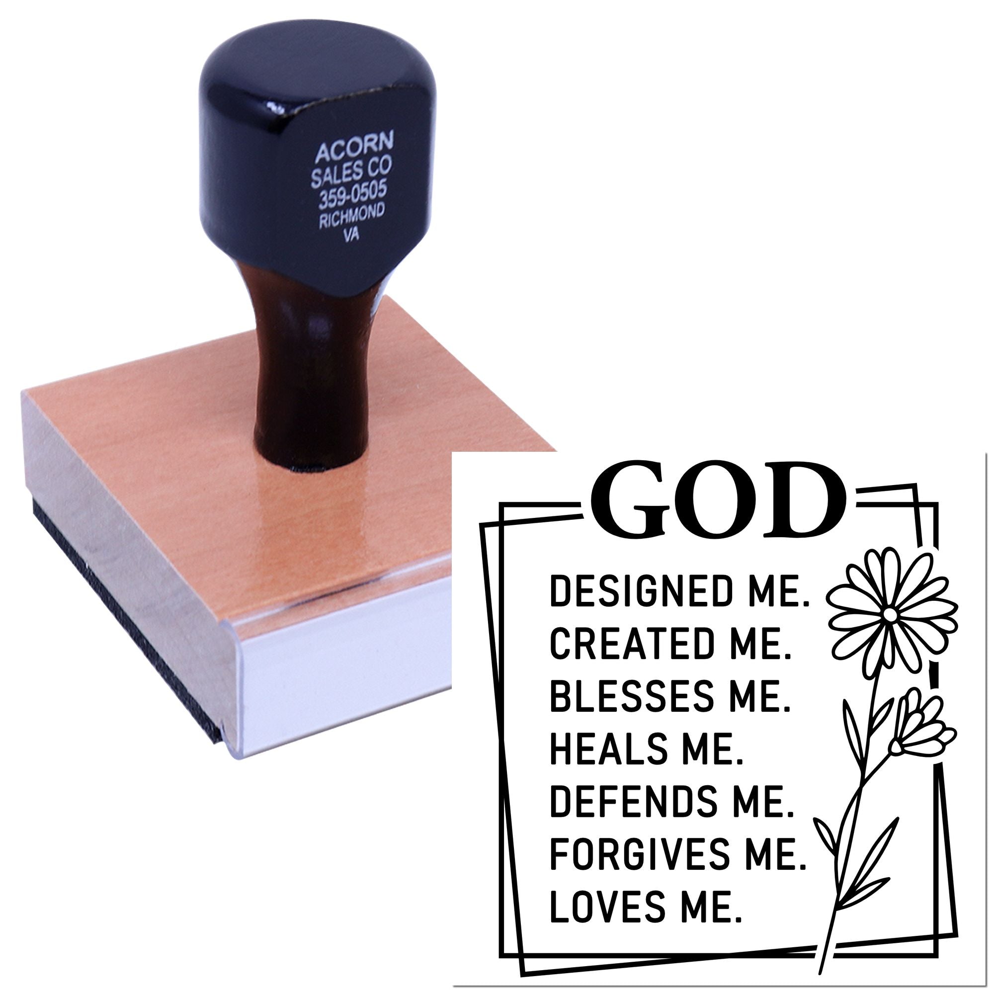 Custom rubber stamp featuring God designed me Christian quote and floral design for faith-based crafts and stationery.