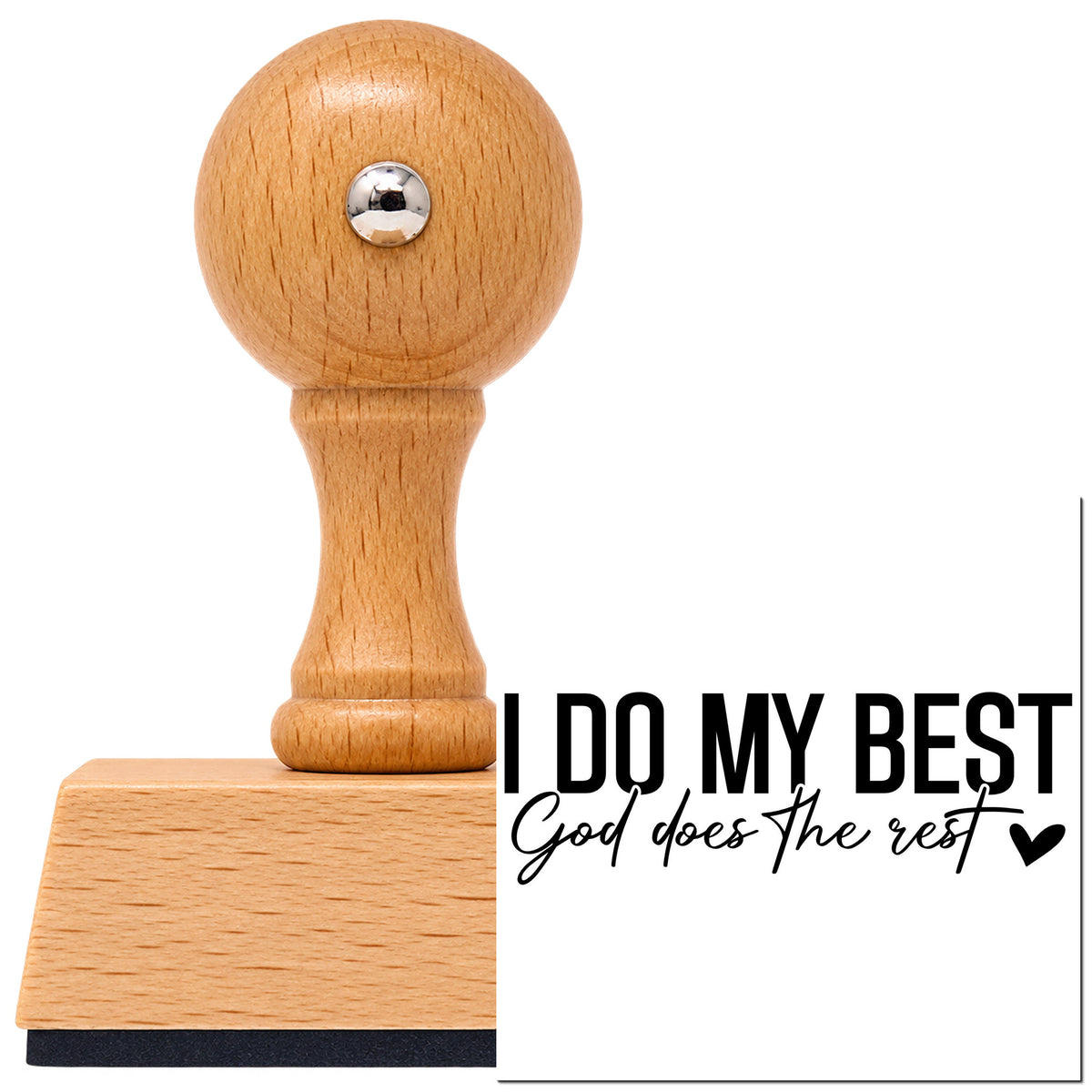 I Do My Best With Hearts Vintage Pro rubber stamp in European beech wood with a round knob handle, shown beside its black imprint.