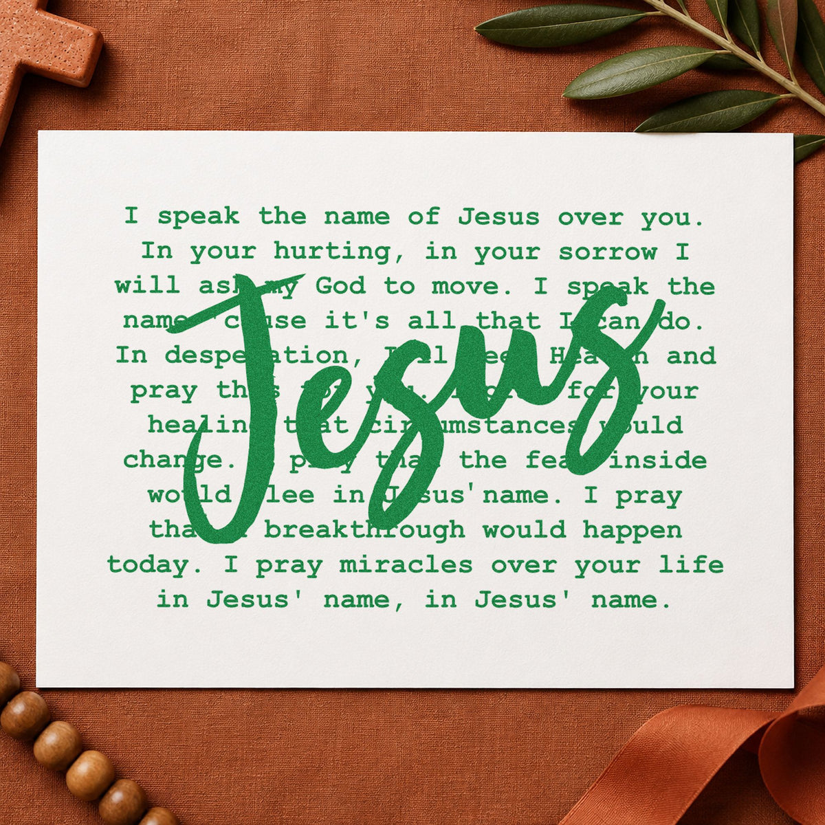 I Speak Jesus craft stamp imprint in green ink on a handmade project, one idea being bedside prayers.