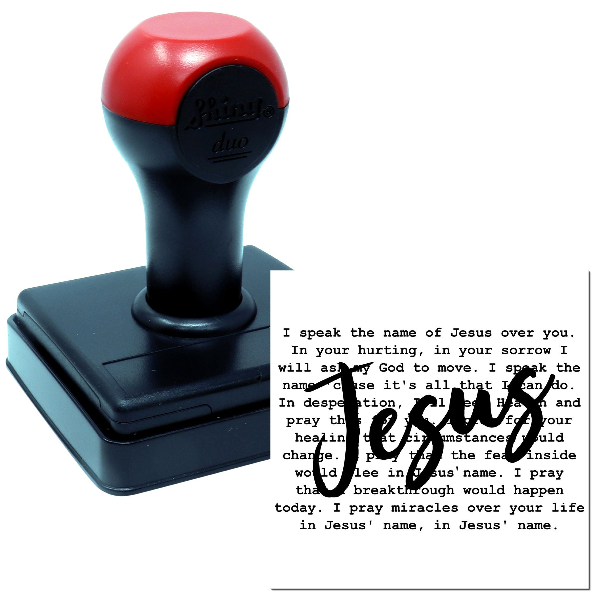 Custom self-inking rubber stamp with Jesus over prayer text for Christian encouragement and ministry use.