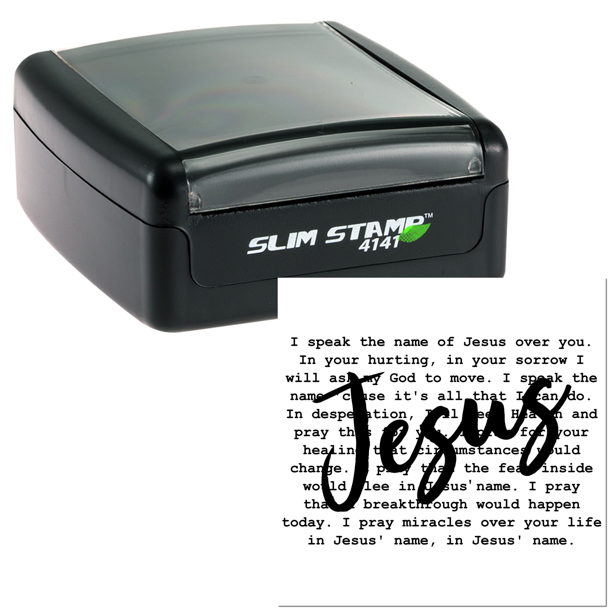 Custom slim rubber stamp for Christian prayer cards, featuring Jesus over a faith-based message.