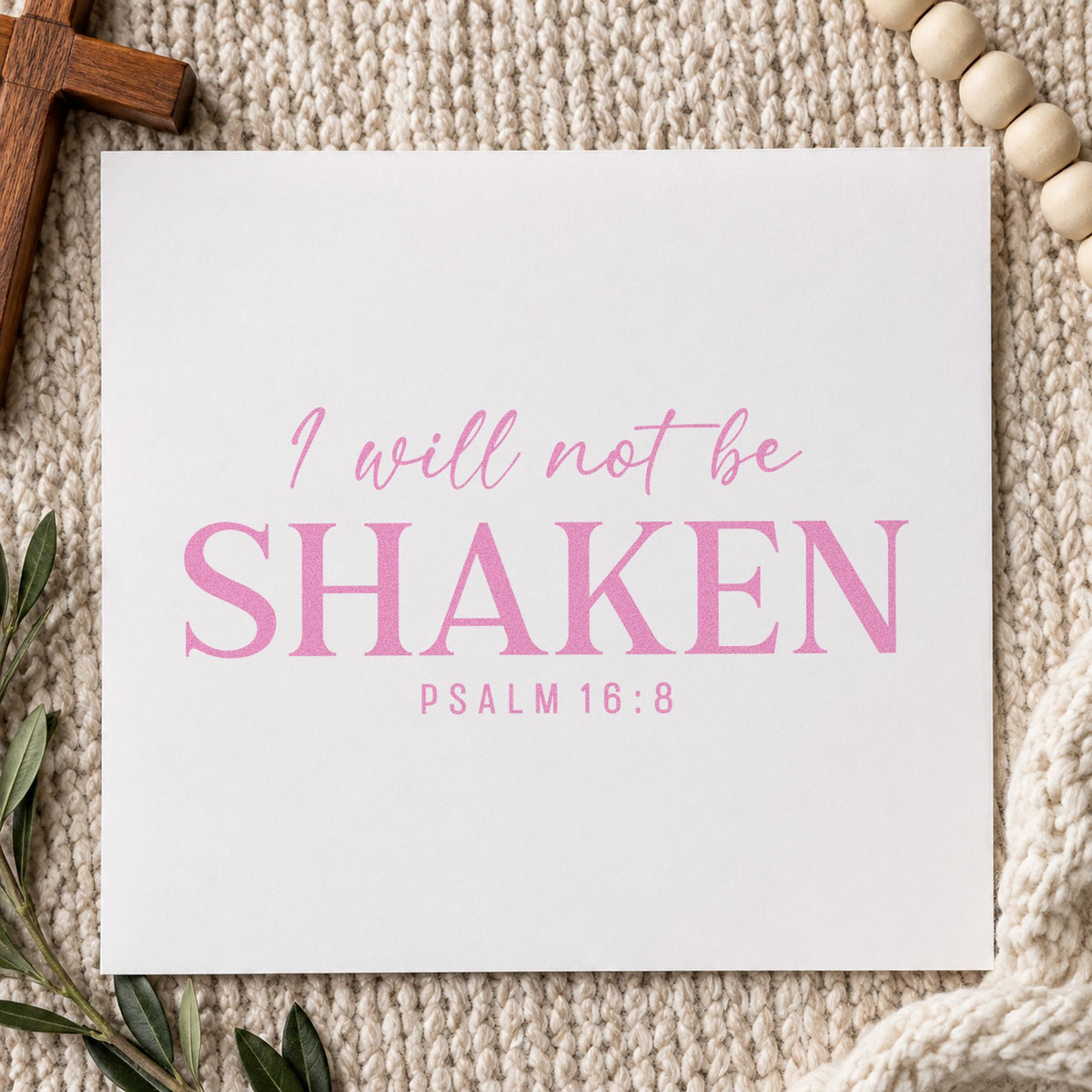 I Will Not Be Shaken craft stamp in purple ink on cardstock, an easy option for crisis support notes.