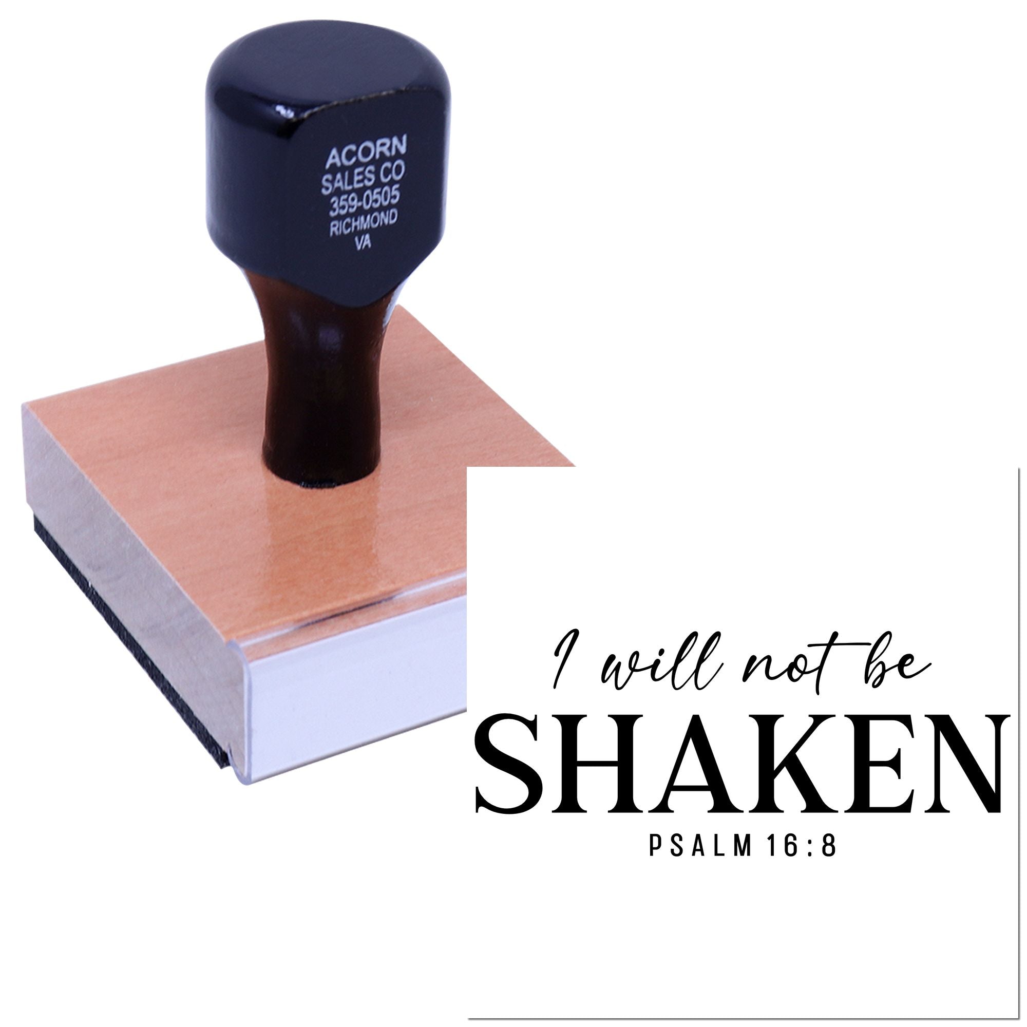 Custom Christian rubber stamp with I will not be shaken Psalm 16:8 Bible verse design
