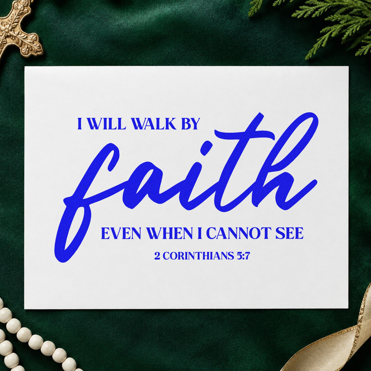 Walk by Faith craft stamp imprinted in blue ink on paper, a design suited to mission trip tags.