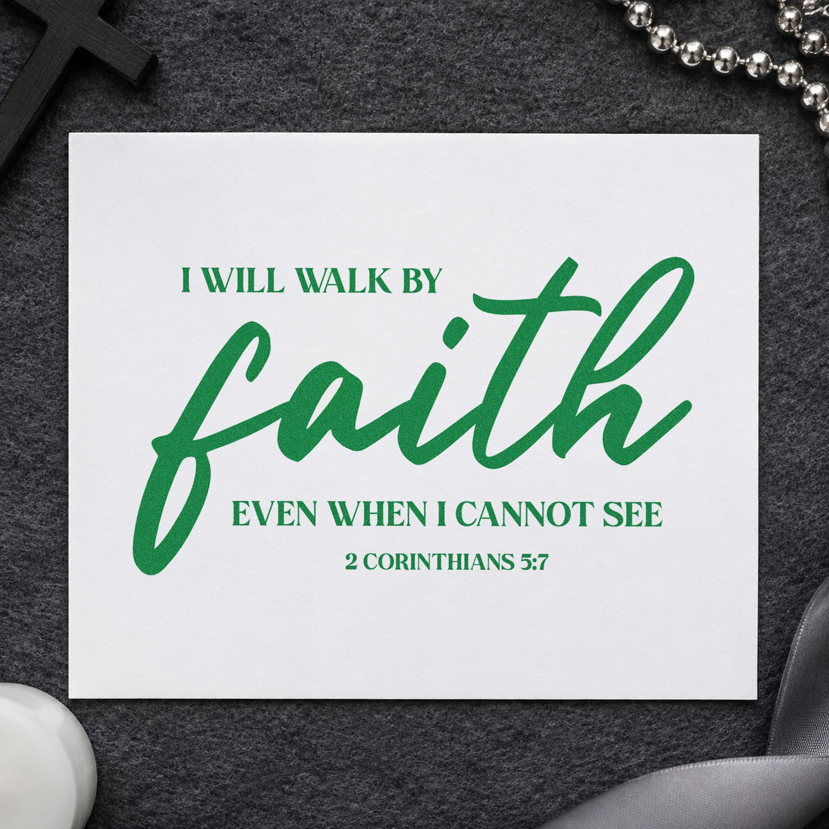 Walk by Faith craft stamp imprint in green ink on a handmade project, one idea being framed entry art.