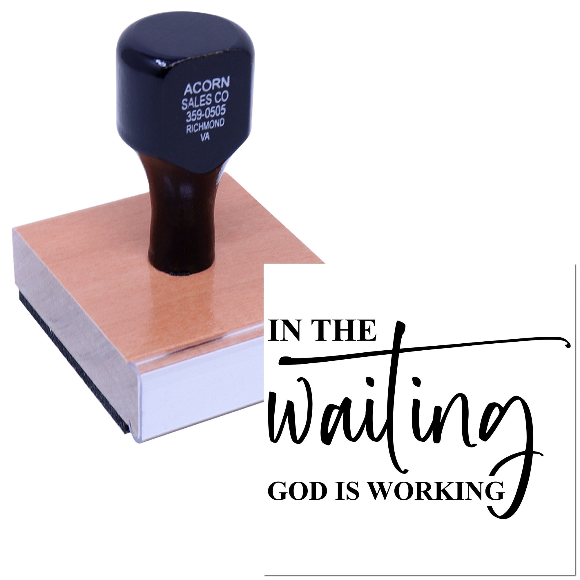 Custom Christian rubber stamp with In the Waiting God Is Working quote for faith-based cards and crafts.