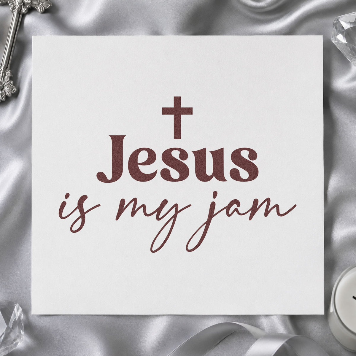 Jesus Is My Jam Script rubber stamp printed in brown ink, ready for concert photo pages and similar paper crafts.