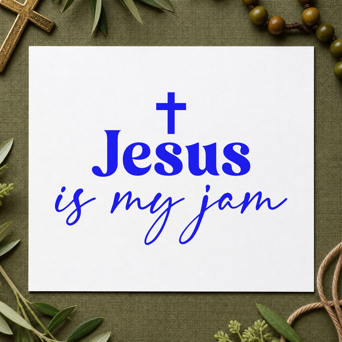 Jesus Is My Jam Script craft stamp in blue ink on cardstock, an easy option for youth tees.