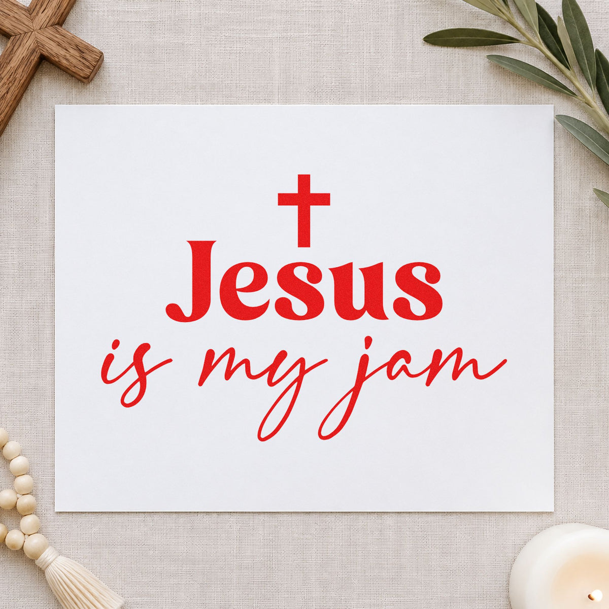 Jesus Is My Jam Script rubber stamp shown in red ink, stamped for projects such as guitar case labels.