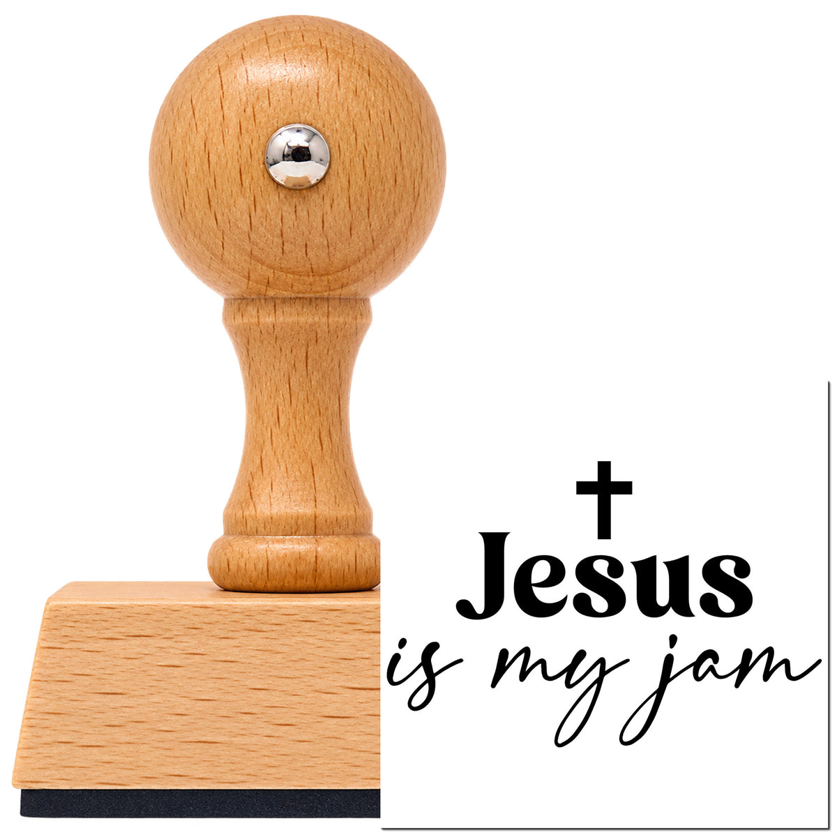 Jesus Is My Jam Script Vintage Pro rubber stamp in European beech wood with a round knob handle, shown beside its black imprint.