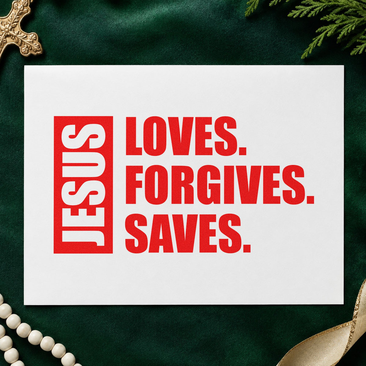 Jesus Loves Forgives Saves rubber stamp shown in red ink, stamped for projects such as bible cover crafts.