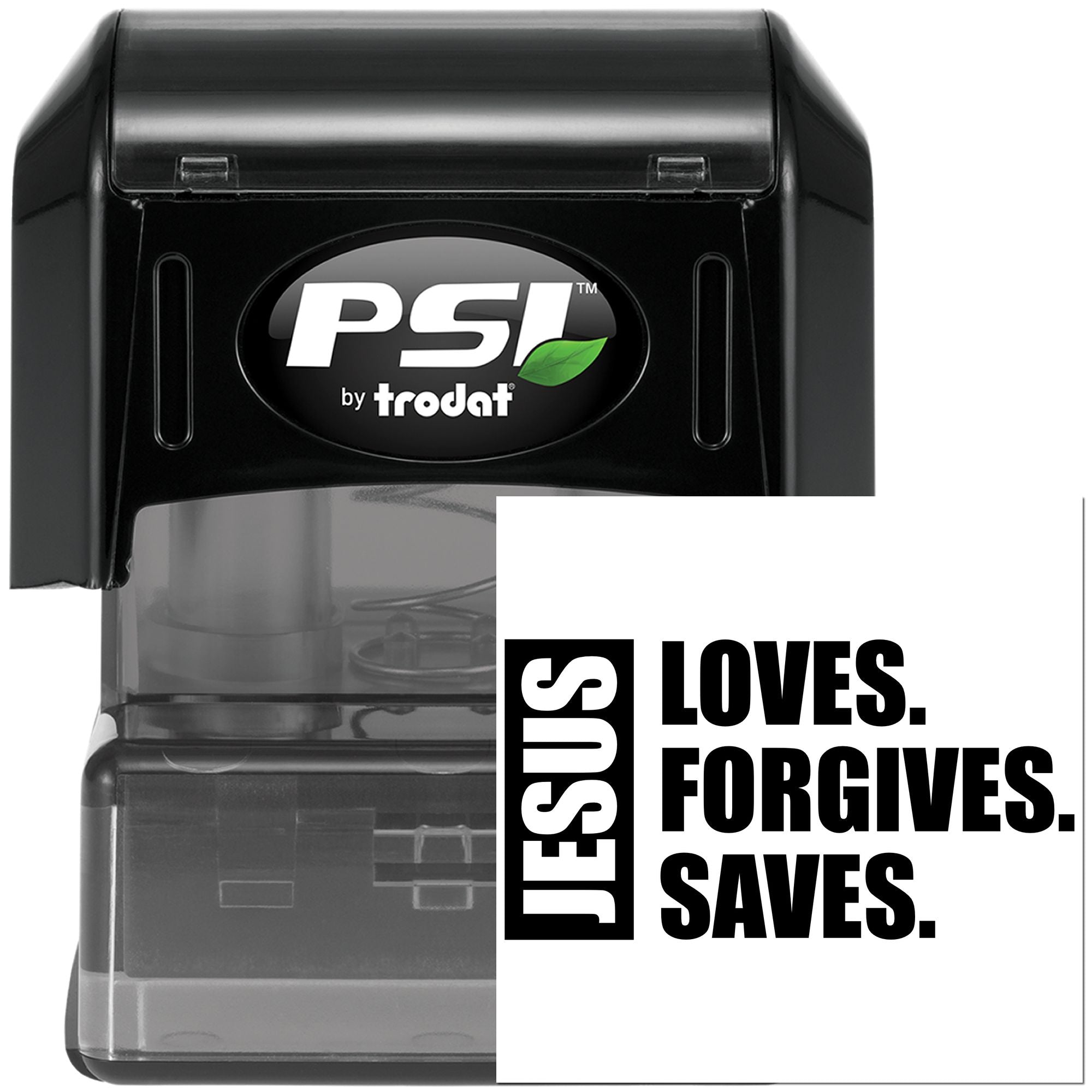 PSI by Trodat self-inking rubber stamp with Christian message, Jesus loves, forgives, saves.