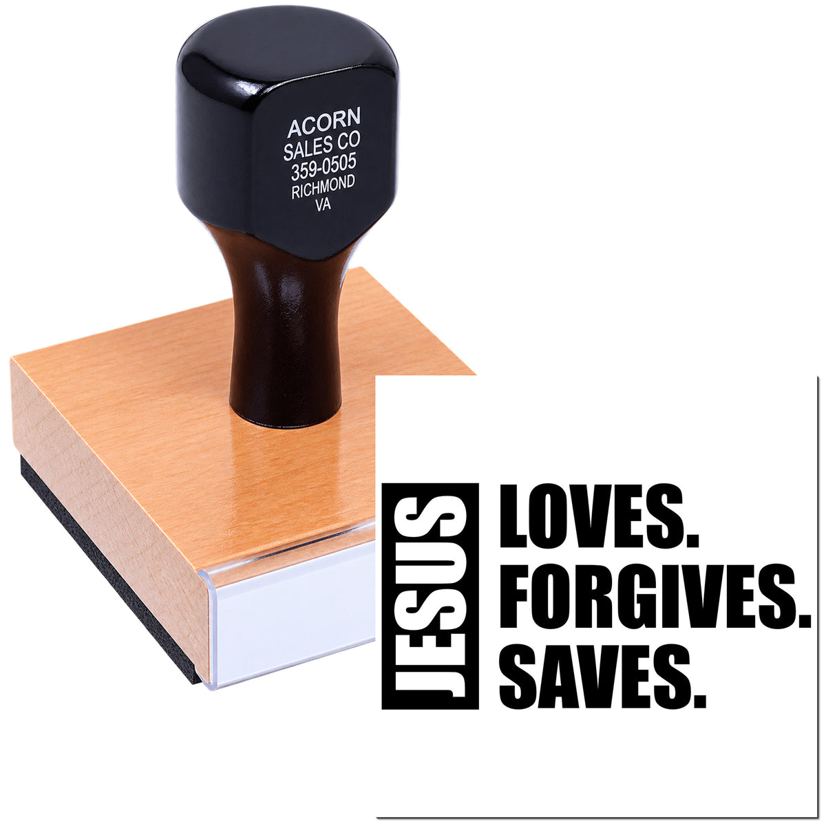 Christian rubber stamp with Jesus Loves, Forgives, Saves message for faith-based crafts and outreach.