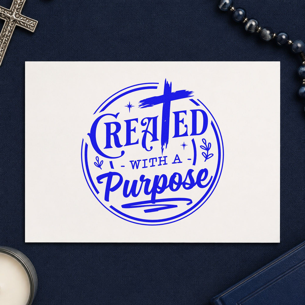 Created with a Purpose Circle craft stamp imprinted in blue ink on paper, a design suited to round label seals.