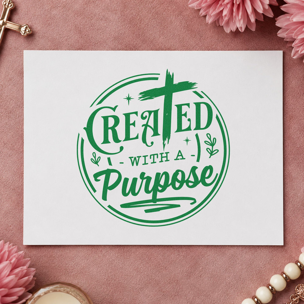 Created with a Purpose Circle craft stamp imprint in green ink on a handmade project, one idea being framed bedroom art.