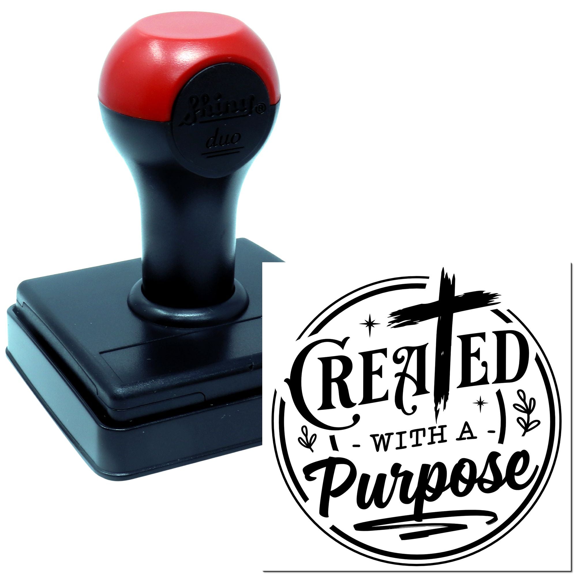 Self-inking custom rubber stamp with Created with a Purpose Christian cross design