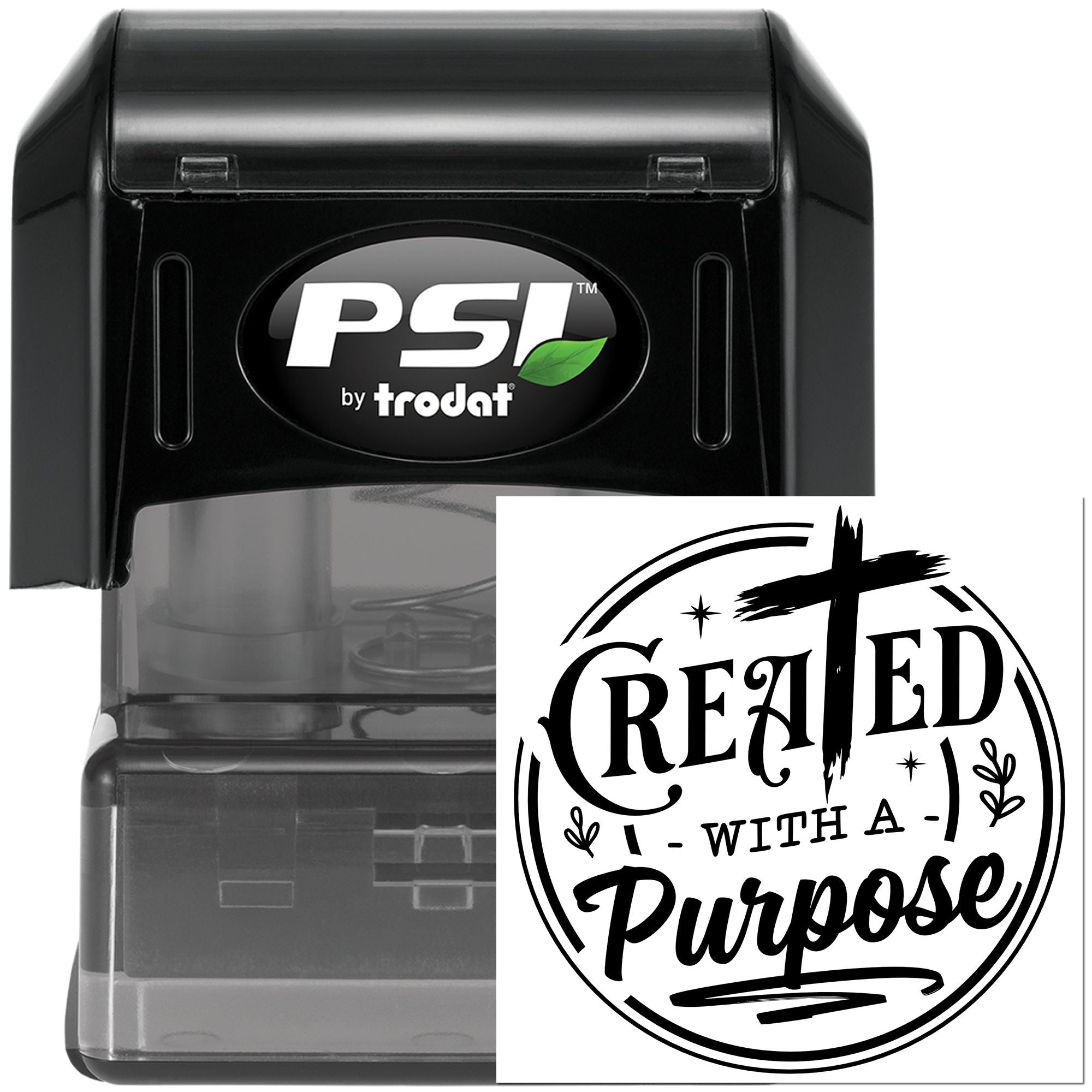 PSI by Trodat self-inking rubber stamp with custom Created with a Purpose imprint for branding, crafts, or church projects.
