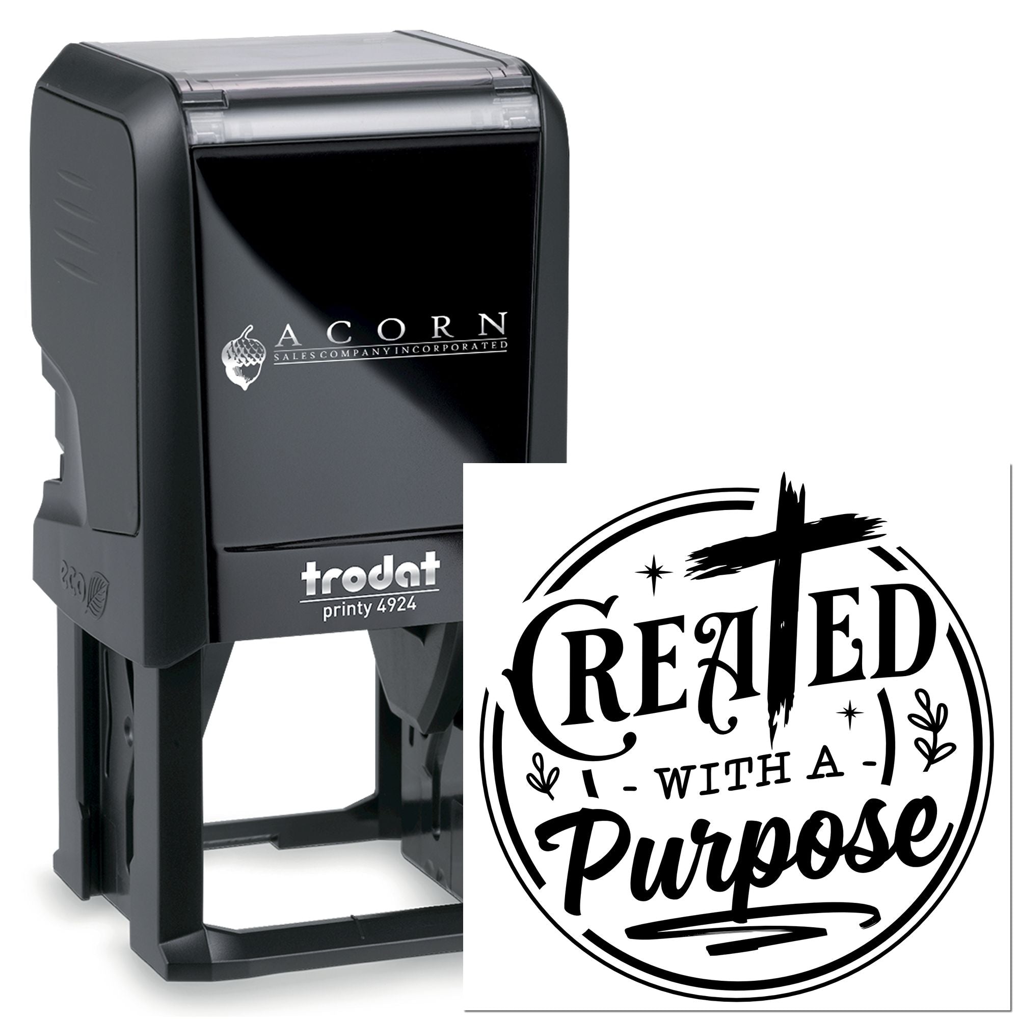 Custom Trodat self-inking rubber stamp with Created with a Purpose imprint for branding, crafting, and business use.