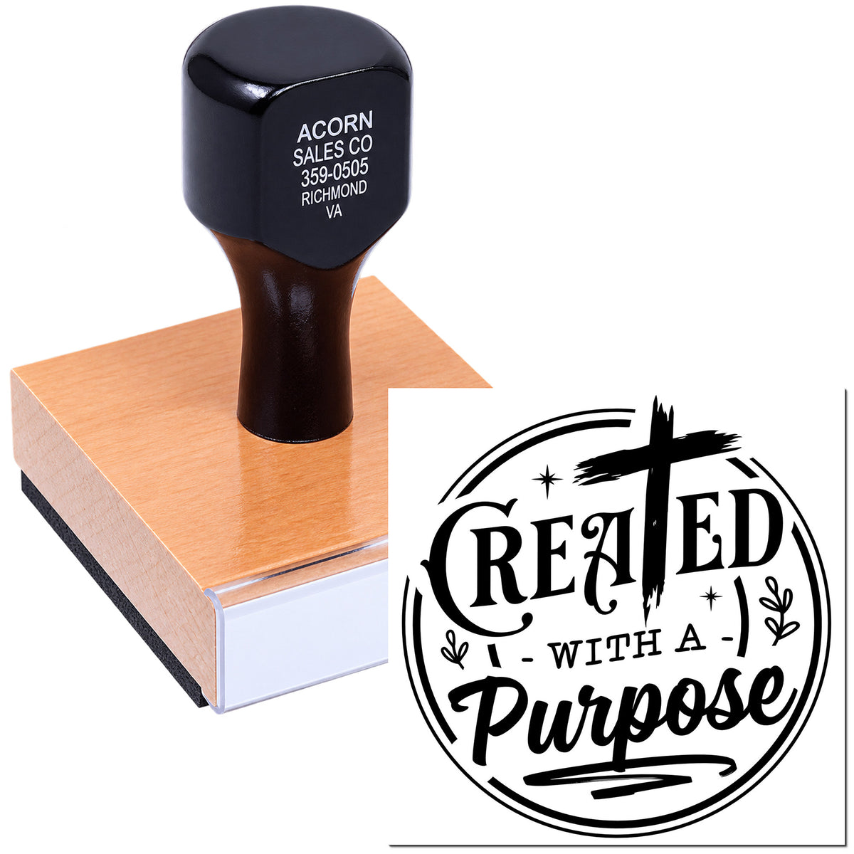 Personalized rubber stamp with wooden handle and custom Created with a Purpose logo for faith-based branding.