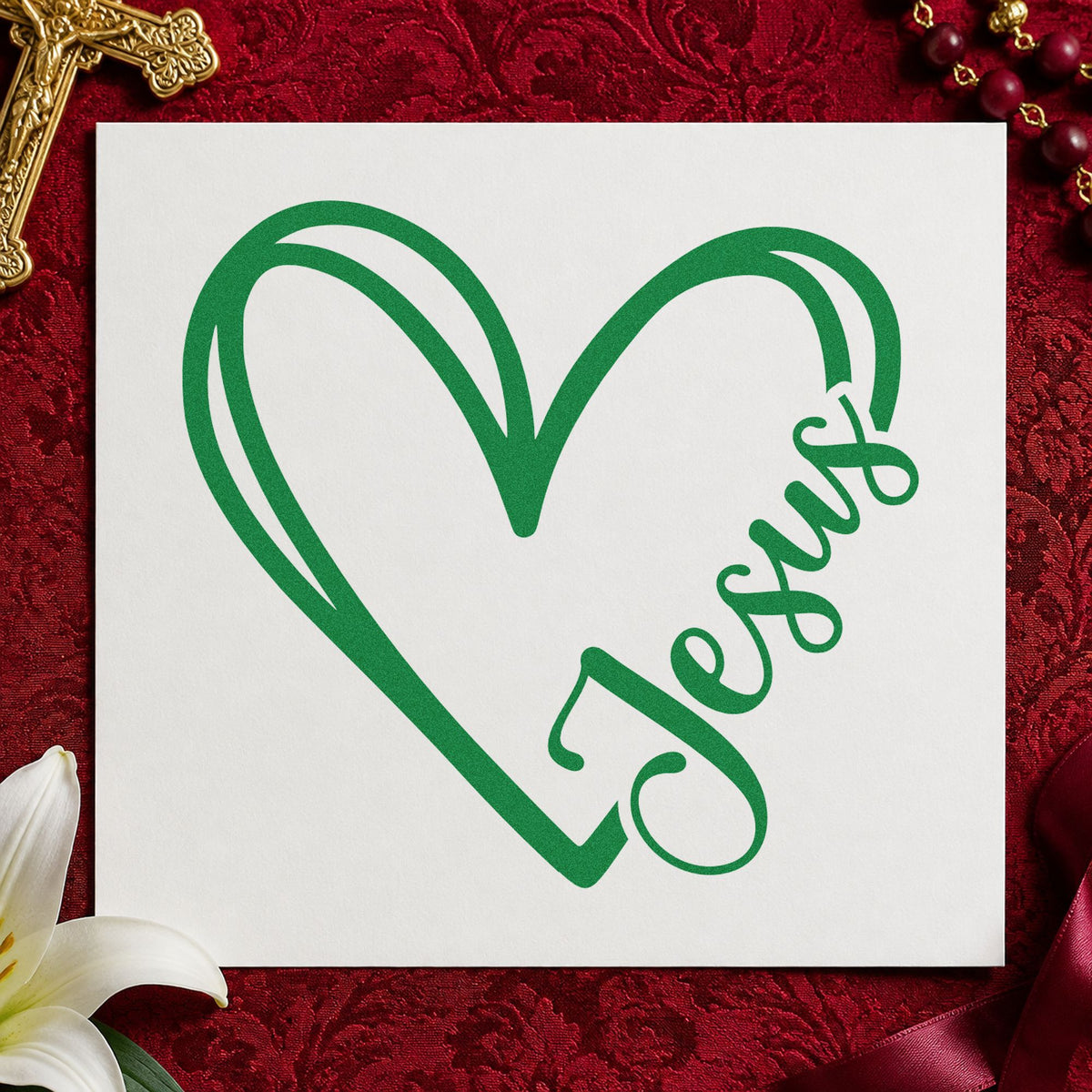 Jesus Heart Outline craft stamp imprint in green ink on a handmade project, one idea being wedding favor tags.