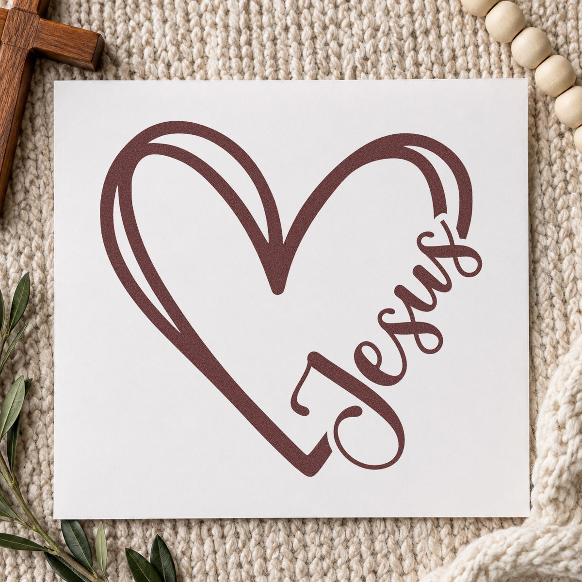 Jesus Heart Outline rubber stamp printed in brown ink, ready for love photo pages and similar paper crafts.