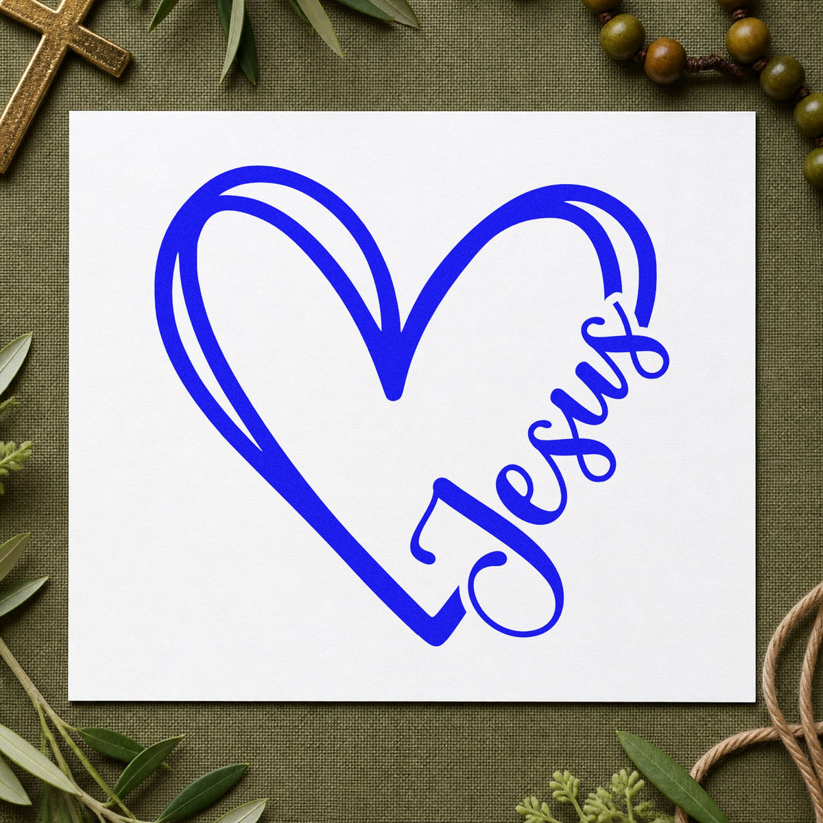 Jesus Heart Outline craft stamp imprinted in blue ink on paper, a design suited to nursing home cards.