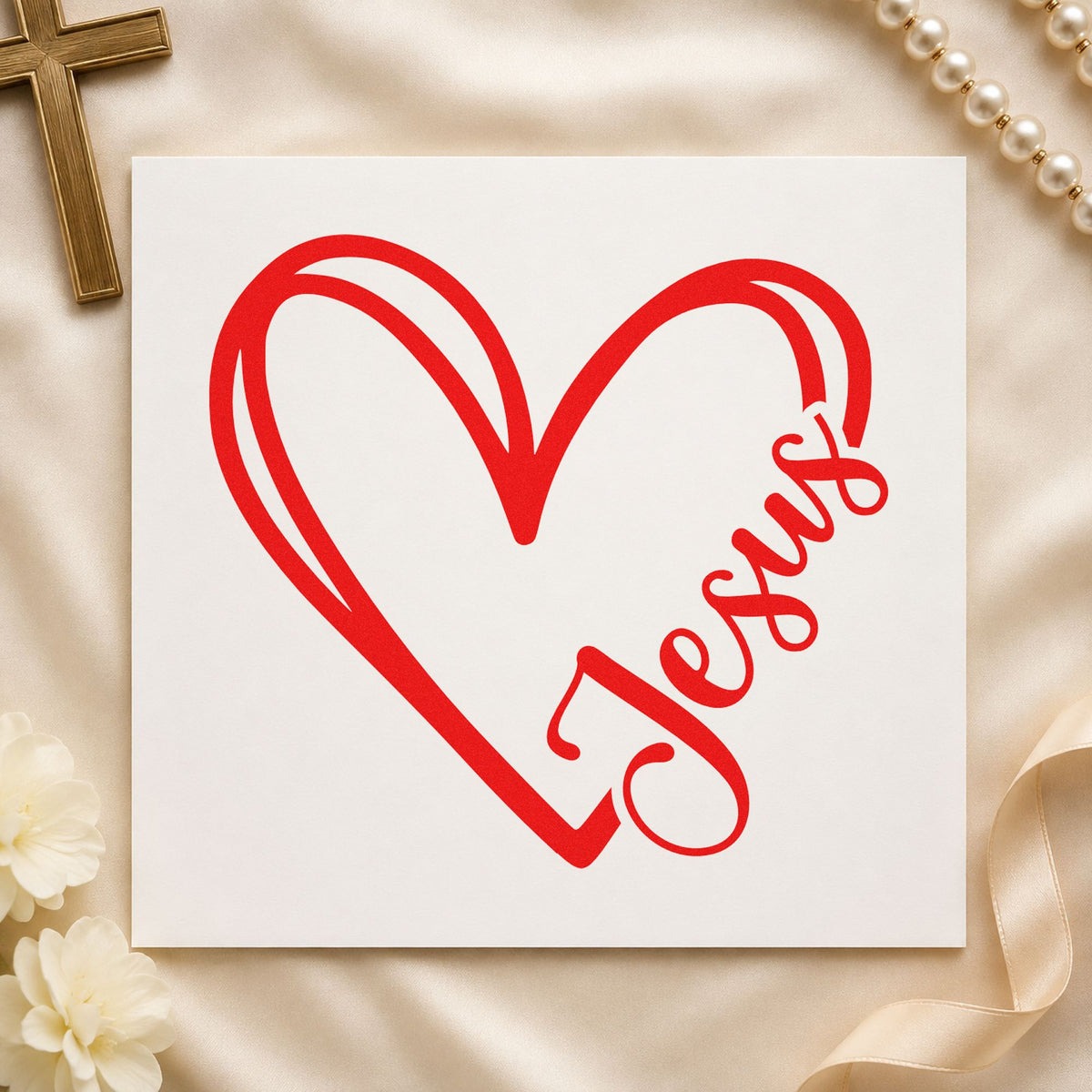 Jesus Heart Outline rubber stamp shown in red ink, stamped for projects such as gift wrap pattern.