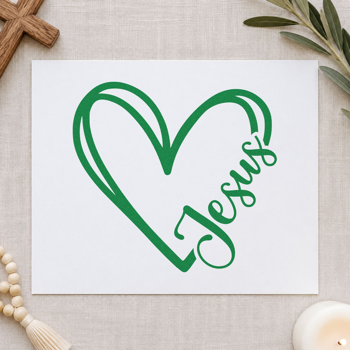 Jesus Heart Outline craft stamp imprint in green ink on a handmade project, one idea being kids' church crafts.