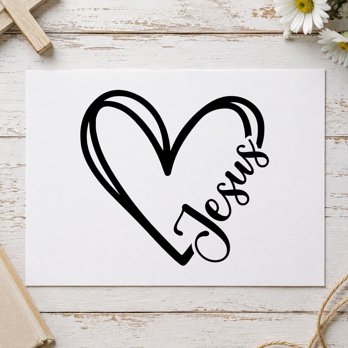Jesus Heart Outline rubber stamp printed in black ink, ready for heart outline cards and similar paper crafts.