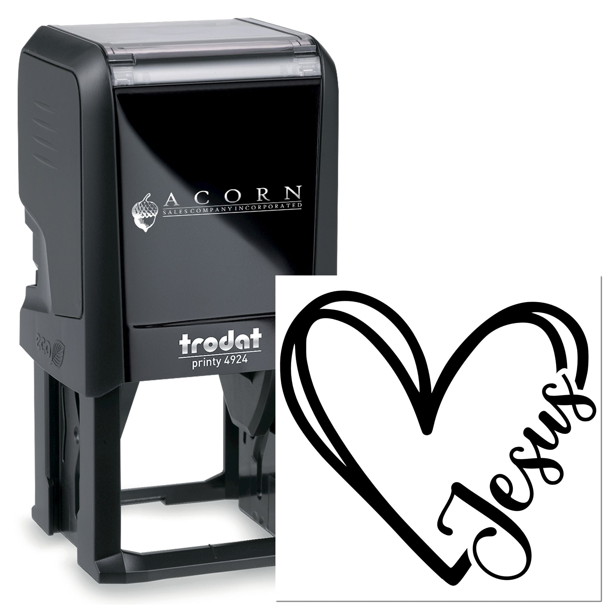 Trodat Printy 4924 self-inking rubber stamp with custom logo and heart-shaped Jeep imprint.