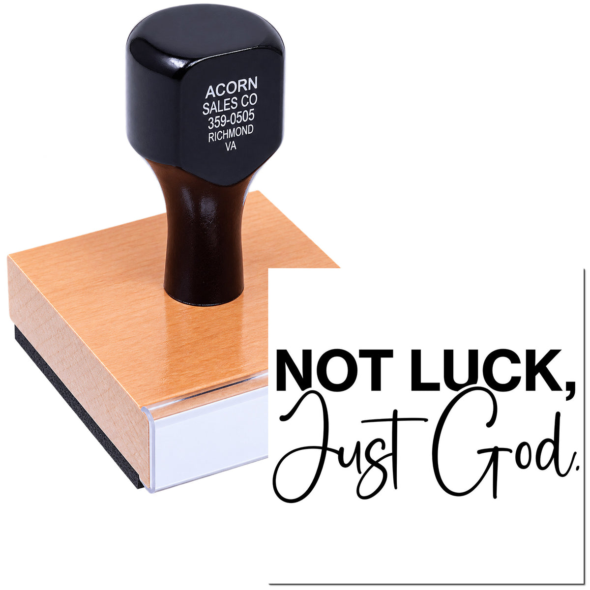 Custom rubber stamp with inspirational quote Not Luck, Just God for faith-based business branding and messages.