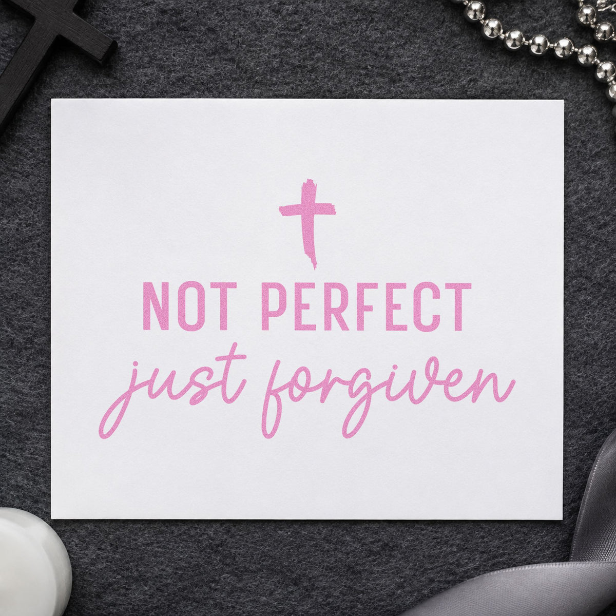 Not Perfect Forgiven Cross craft stamp in purple ink on cardstock, an easy option for new believer gifts.