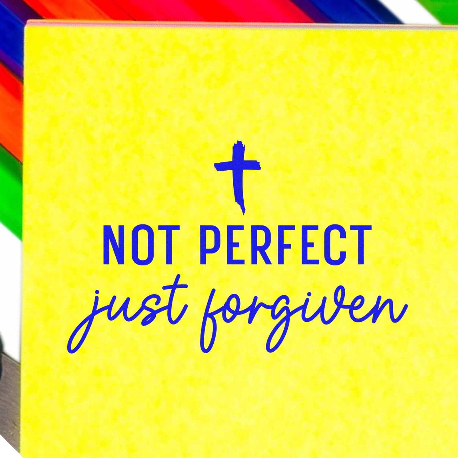 Christian rubber stamp with cross and Not Perfect, Just Forgiven message for faith-based cards and crafts.