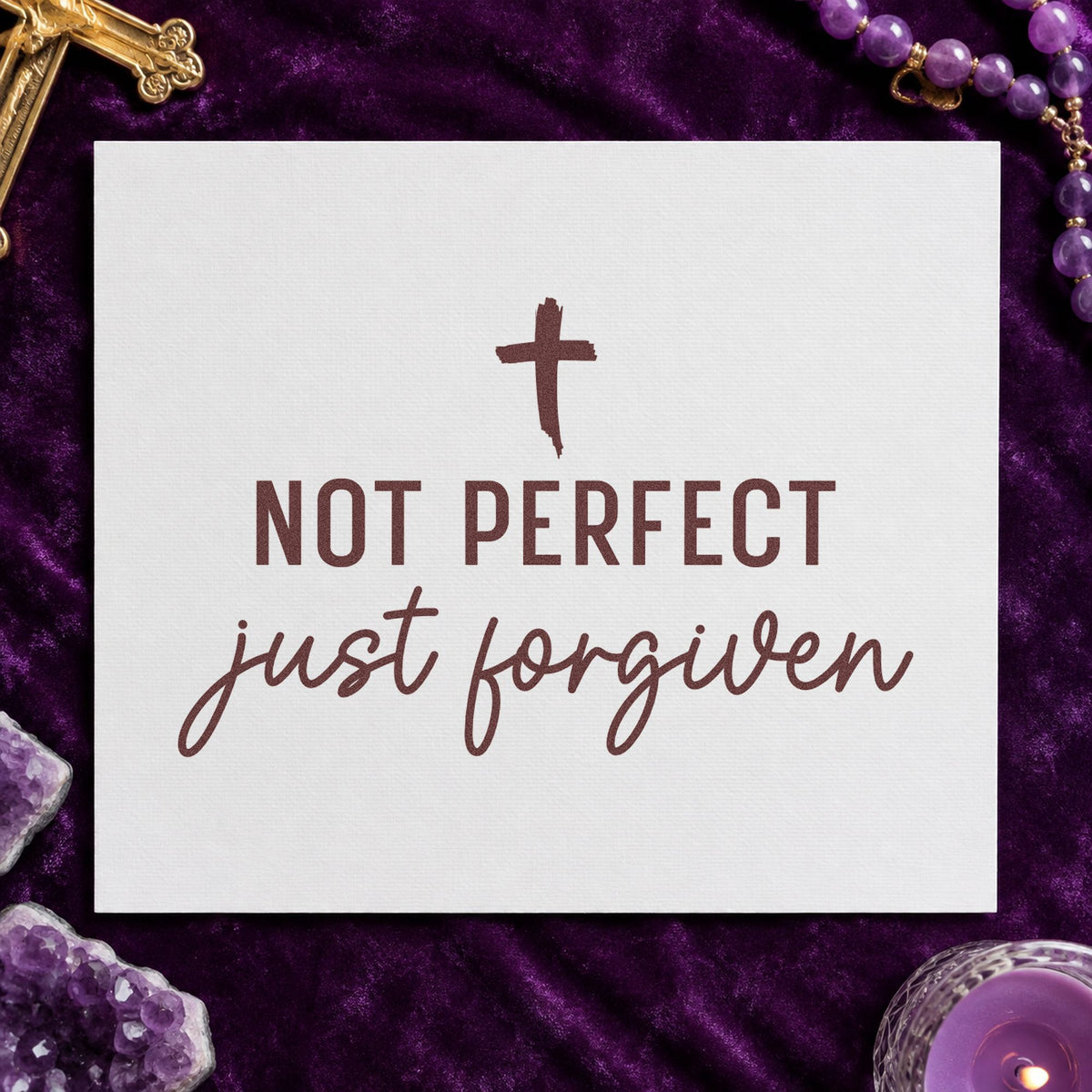 Not Perfect Forgiven Cross rubber stamp printed in brown ink, ready for messy life pages and similar paper crafts.