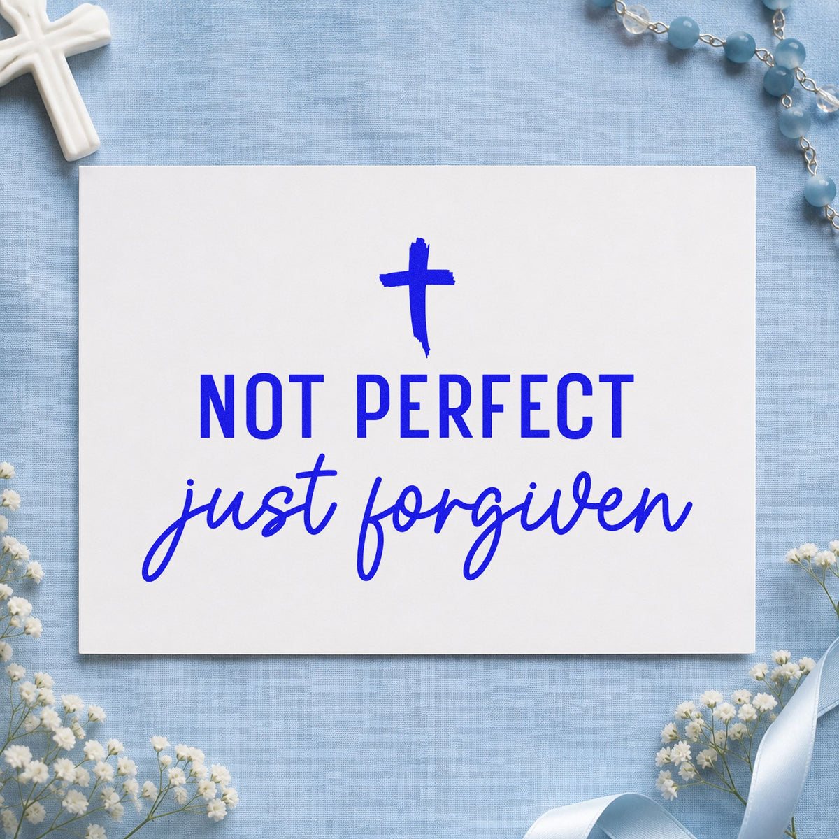 Not Perfect Forgiven Cross craft stamp in blue ink on cardstock, an easy option for canvas totes.