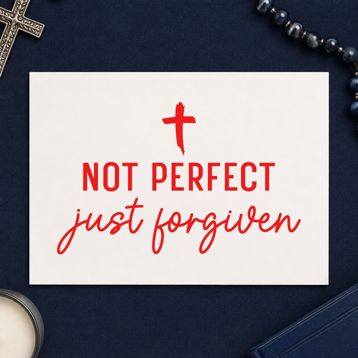 Not Perfect Forgiven Cross rubber stamp shown in red ink, stamped for projects such as fridge magnets.