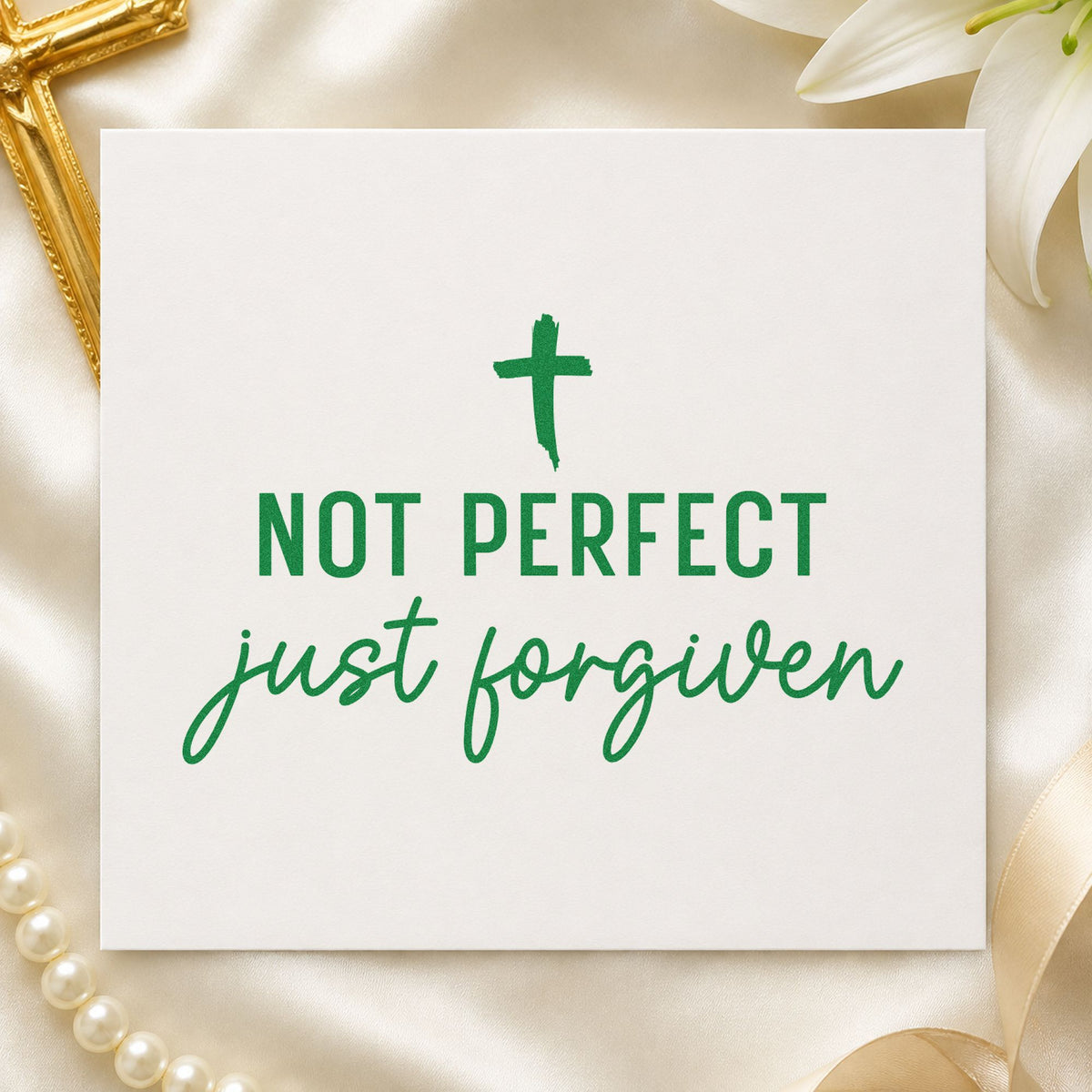 Not Perfect Forgiven Cross craft stamp imprint in green ink on a handmade project, one idea being youth retreat tags.