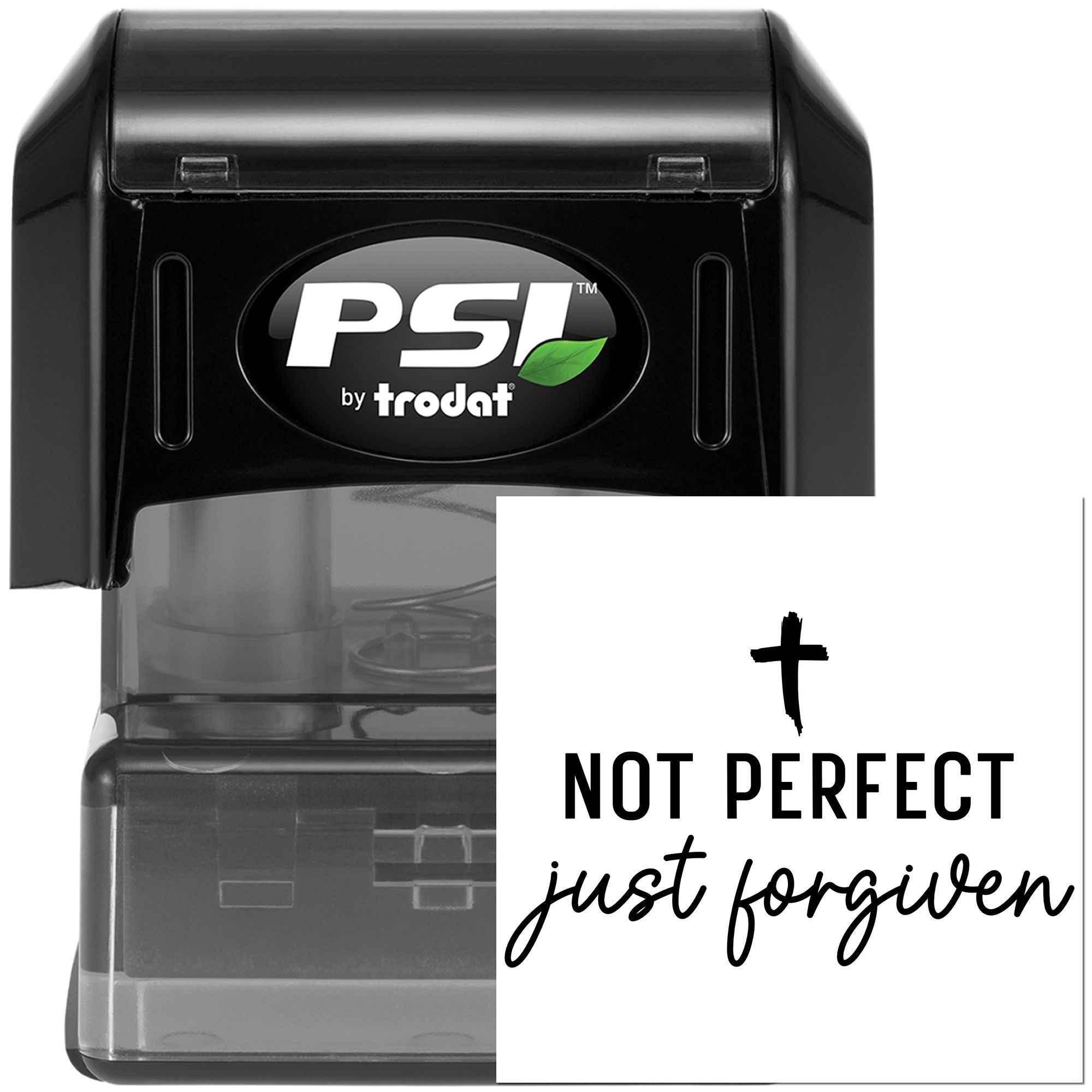 PSI by Trodat self-inking rubber stamp with Not Perfect Just Forgiven Christian message and cross design.