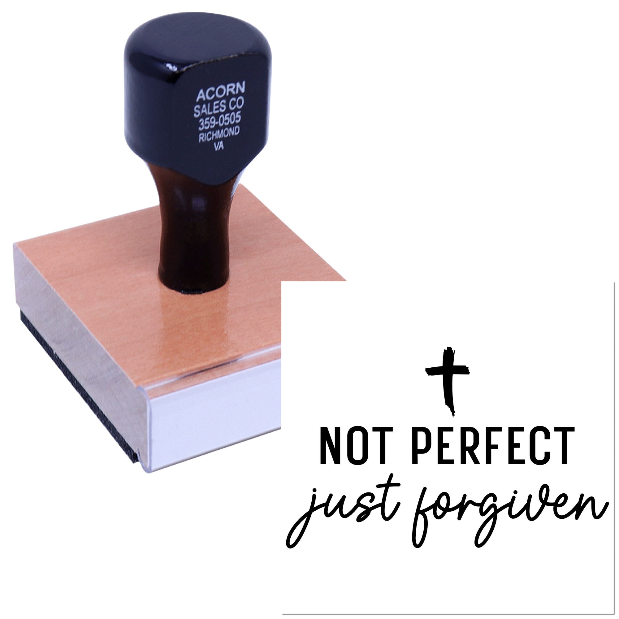 Christian rubber stamp with Not Perfect, Just Forgiven message on a wood mount for handmade cards and church crafts.