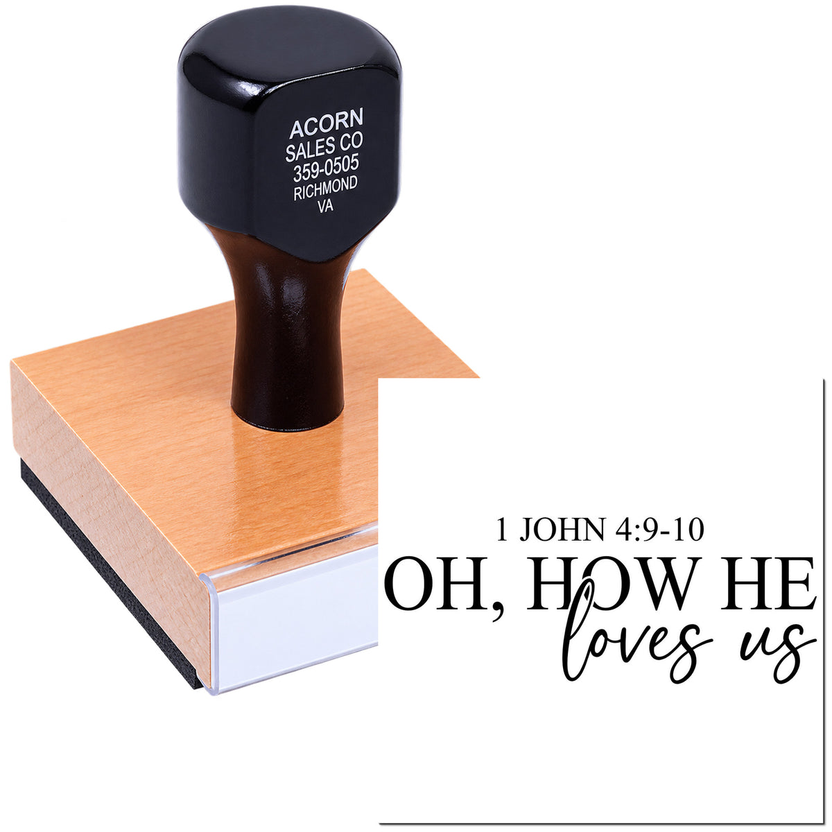 Custom Christian rubber stamp with 1 John 4:9-10, Oh, how He loves us, for Bible journaling and ministry crafts.