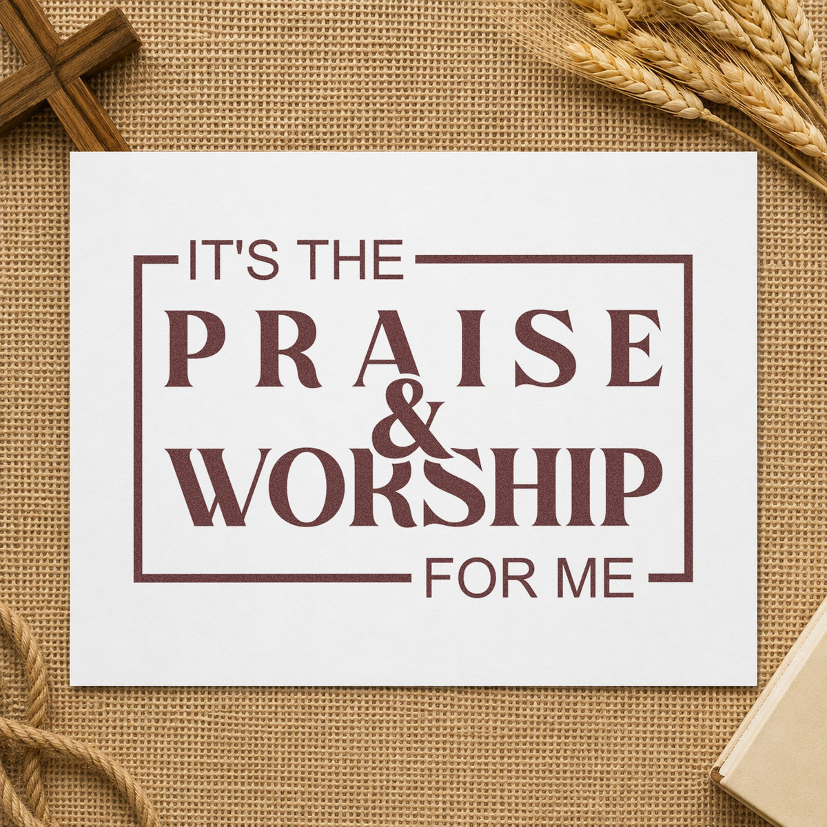 Praise and Worship rubber stamp printed in brown ink, ready for concert scrapbooks and similar paper crafts.