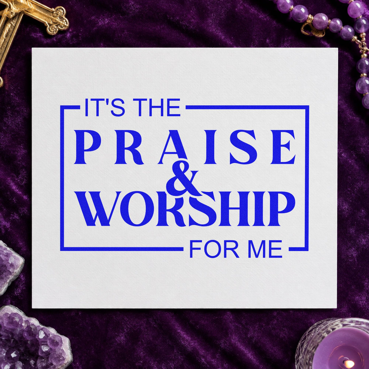 Praise and Worship craft stamp in blue ink on cardstock, an easy option for choir folder labels.