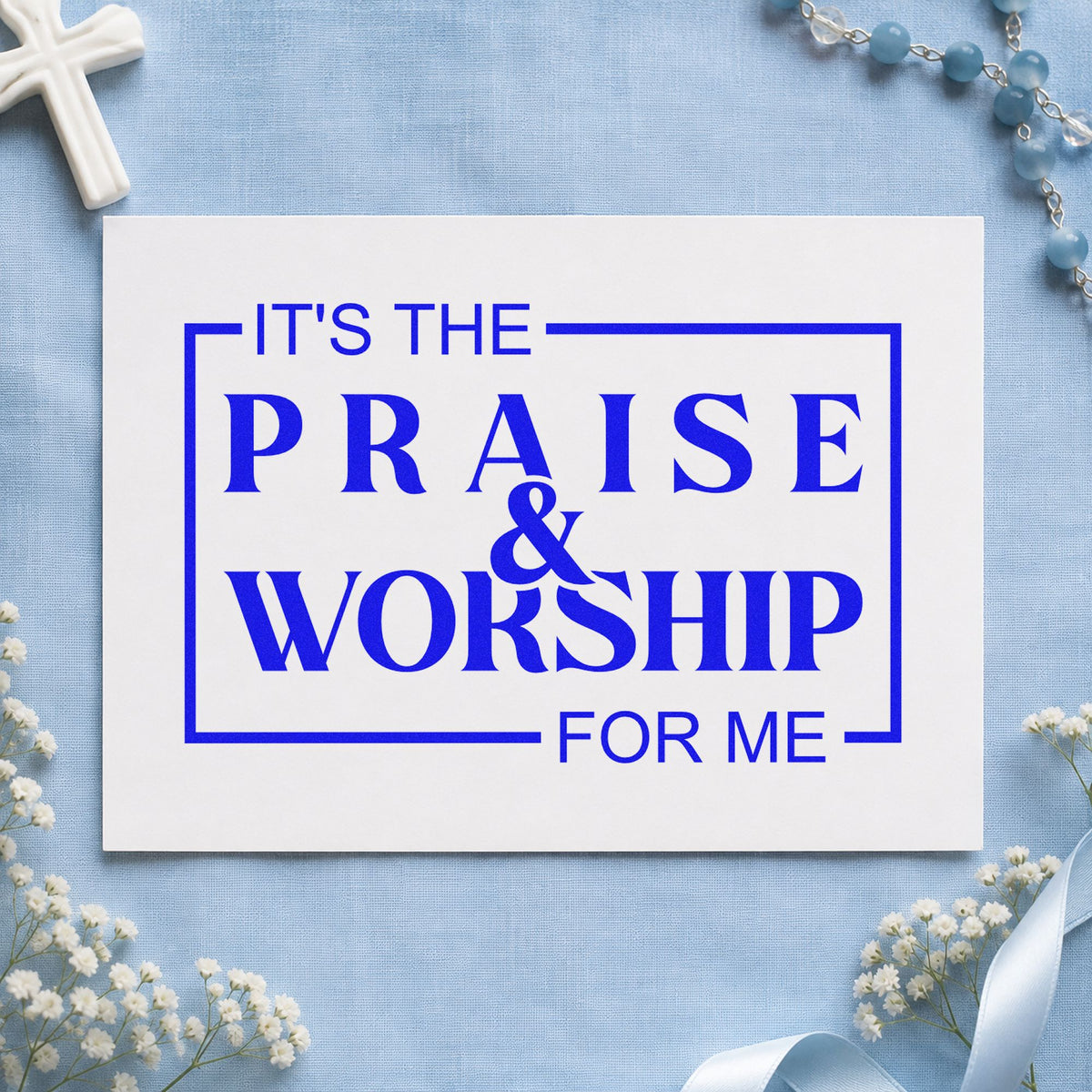 Praise and Worship craft stamp imprinted in blue ink on paper, a design suited to canvas totes.