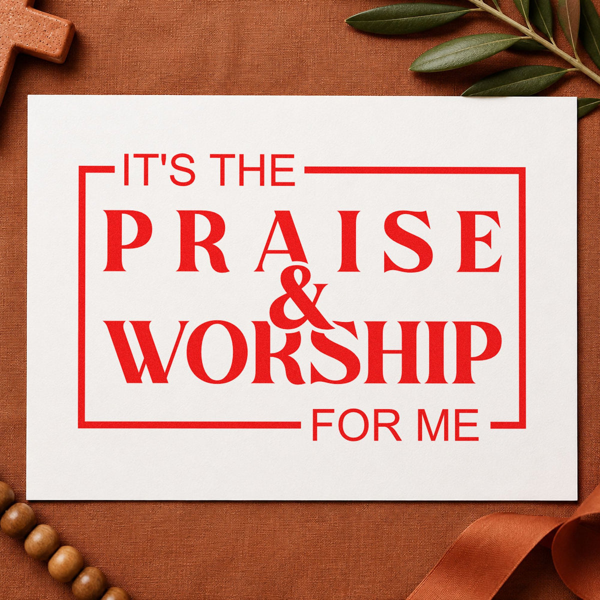 Praise and Worship rubber stamp shown in red ink, stamped for projects such as playlist gift tags.