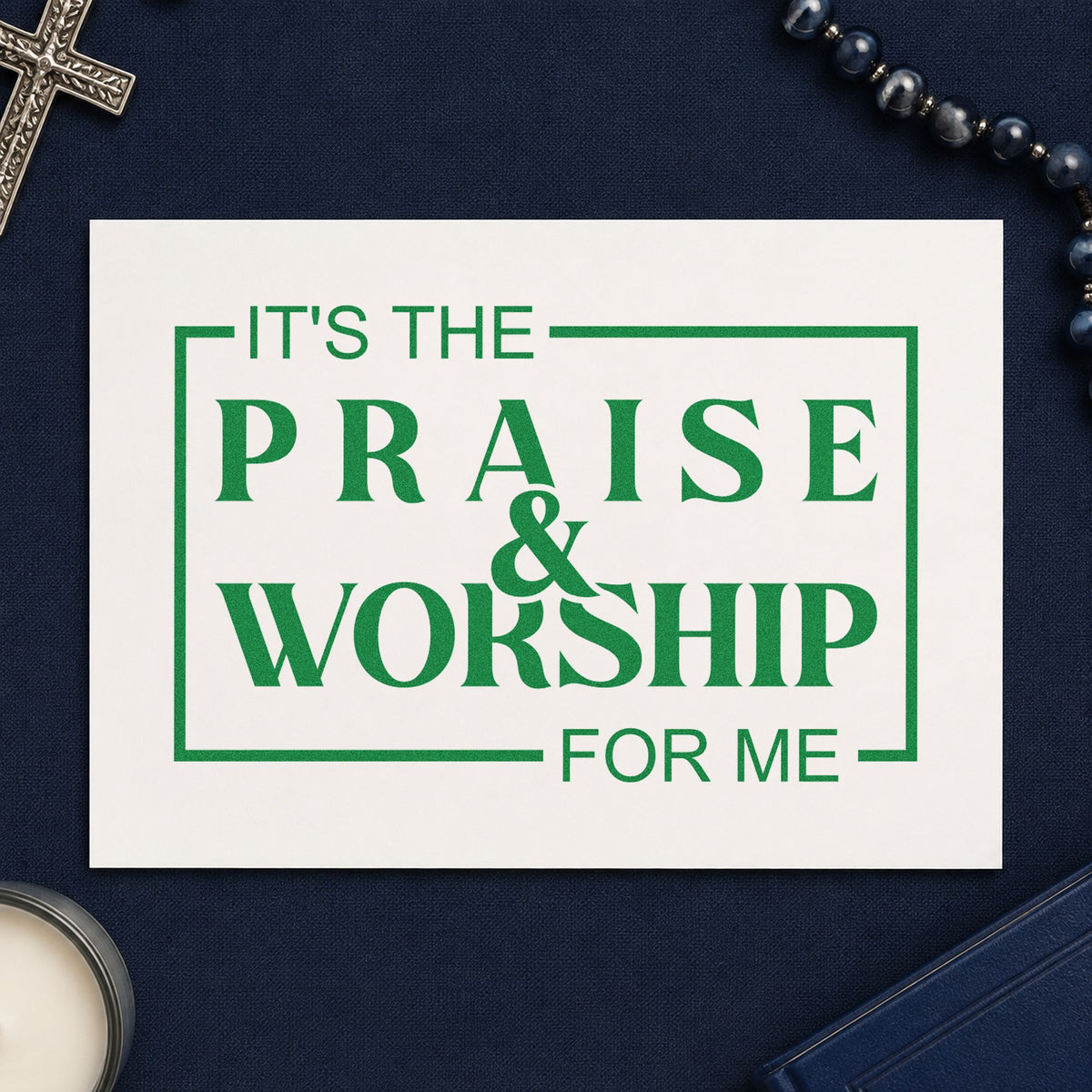 Praise and Worship craft stamp imprint in green ink on a handmade project, one idea being framed music room art.