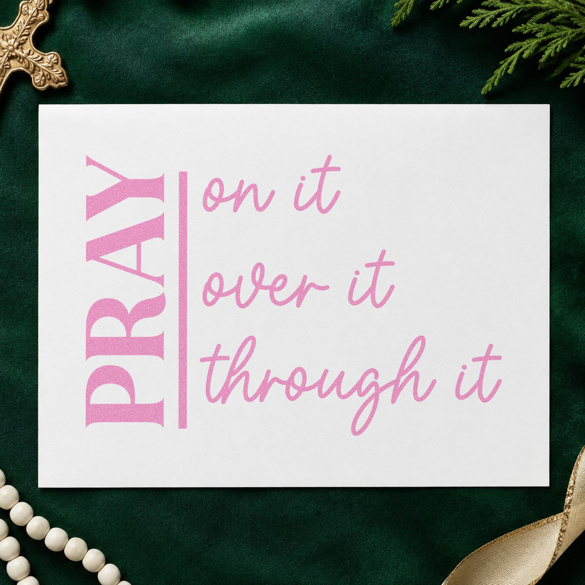 Pray on over Through craft stamp in purple ink on cardstock, an easy option for small group handouts.