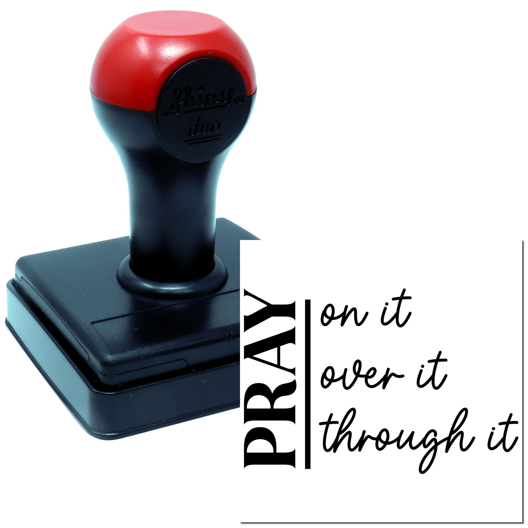 Self-inking rubber stamp featuring PRAY on it, over it, through it for faith-based stationery and paper crafting.