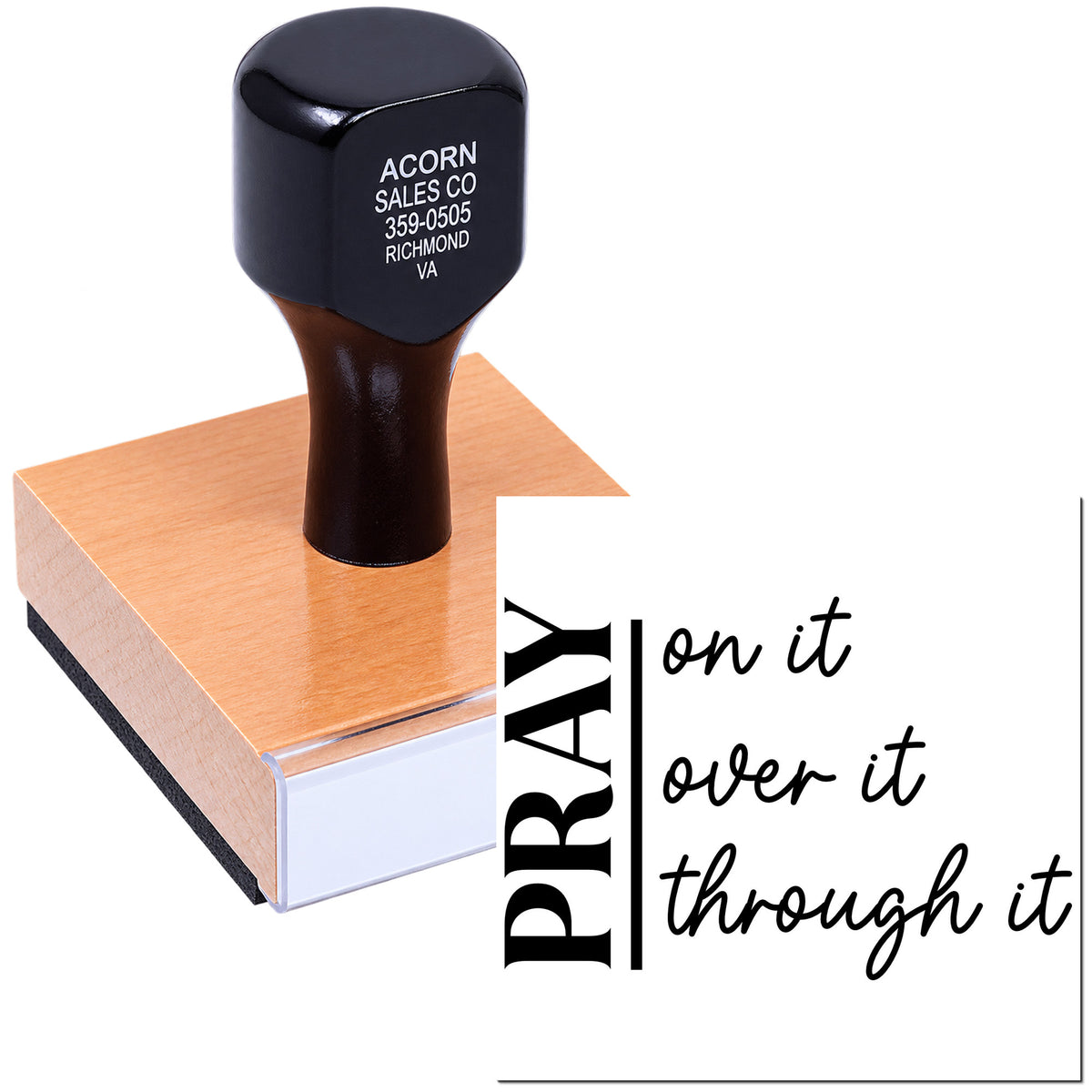 Custom rubber stamp with Pray on it, over it, through it design for faith-based crafts, cards, and church projects.