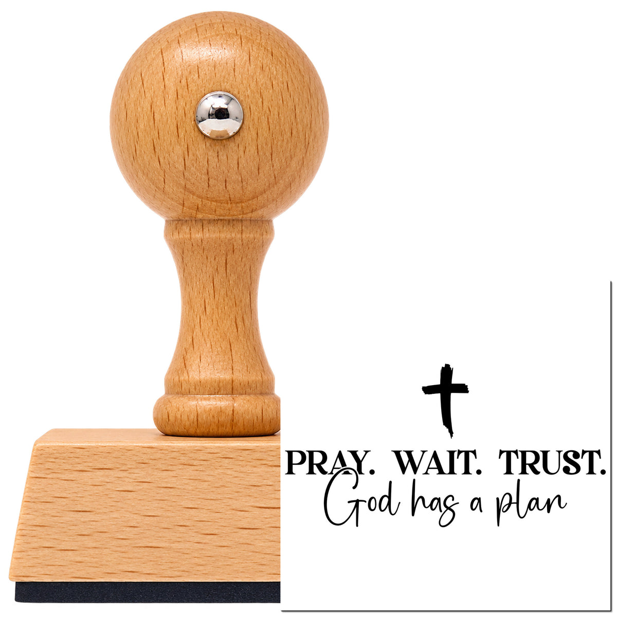 Pray Wait Trust God's Plan Vintage Pro rubber stamp in European beech wood with a round knob handle, shown beside its black imprint.